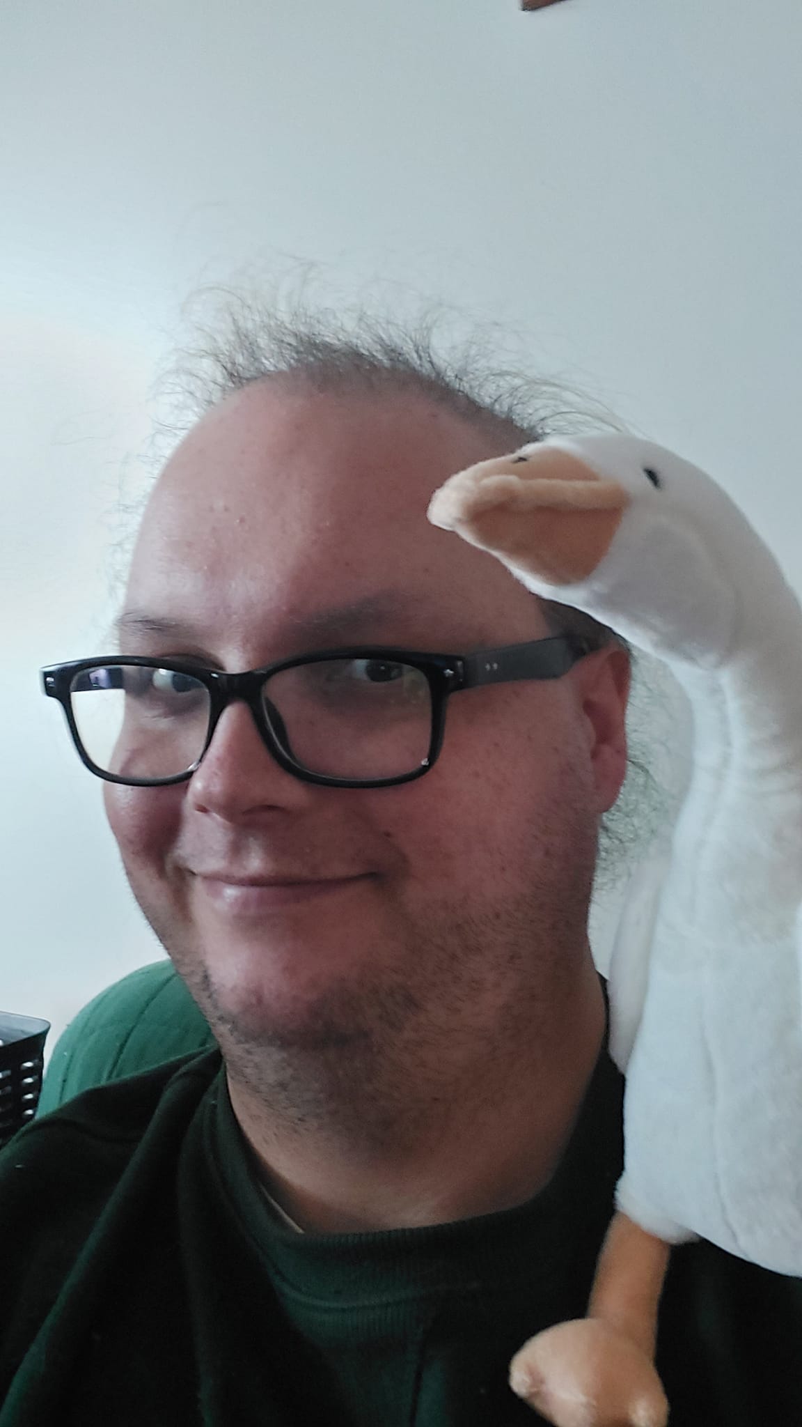 A man with thin hair is wearing a green sweater and sitting on a couch with a white goose stuffed toy on his sholder, the photo is taken from the side